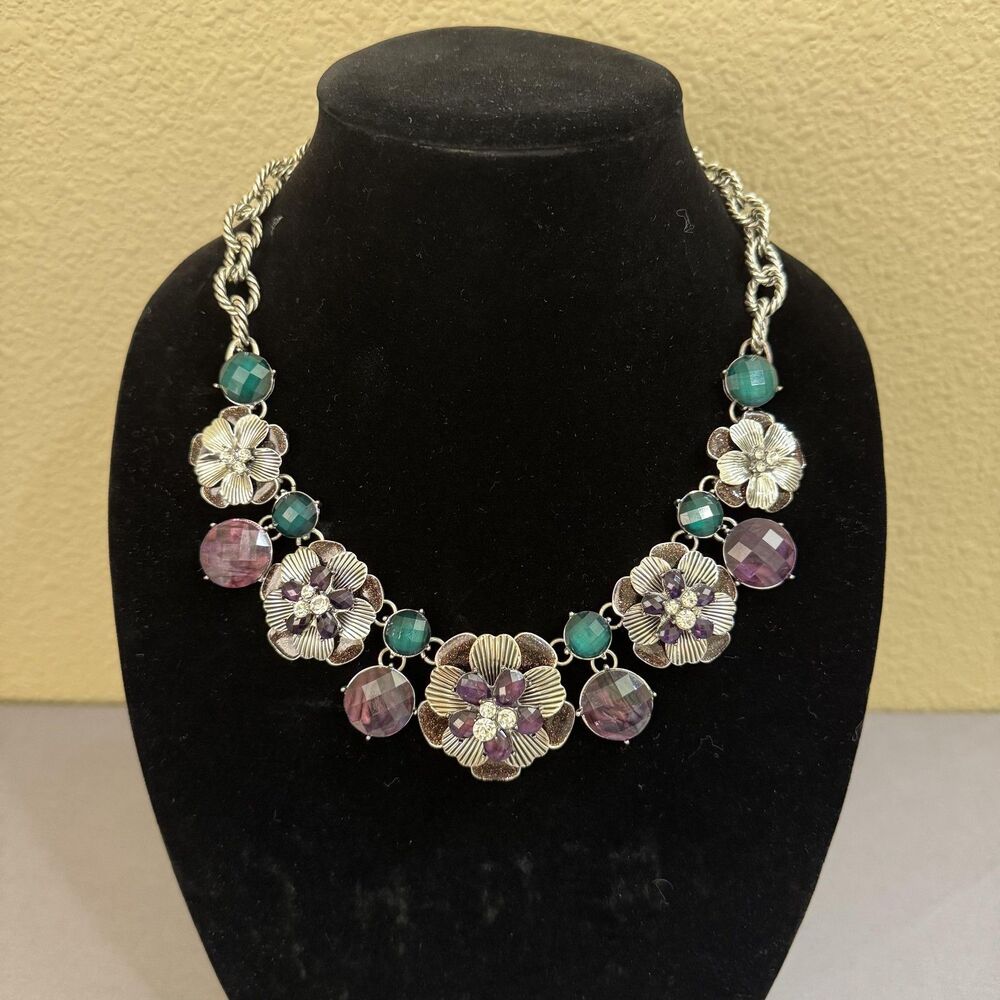 Vintage Dana Buchman Necklace Purple Floral Bib Statement Glass Womens Jewelry